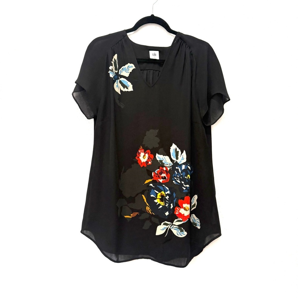 CAbi Black Blouse with Colorful Floral‎ Design M